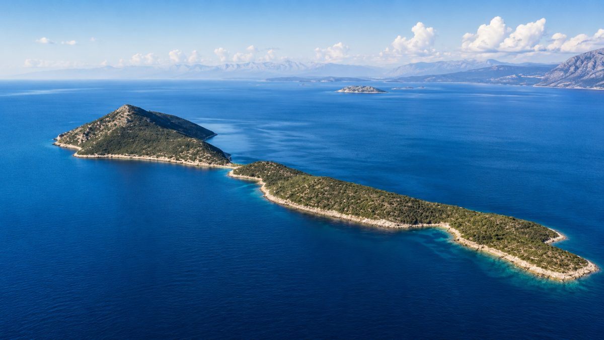 Aerial view of a forested private Greek island in turquoise Mediterranean waters