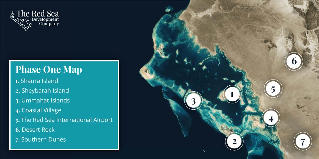 Aerial map of Red Sea development showing numbered phases and islands off Saudi Arabia's coast