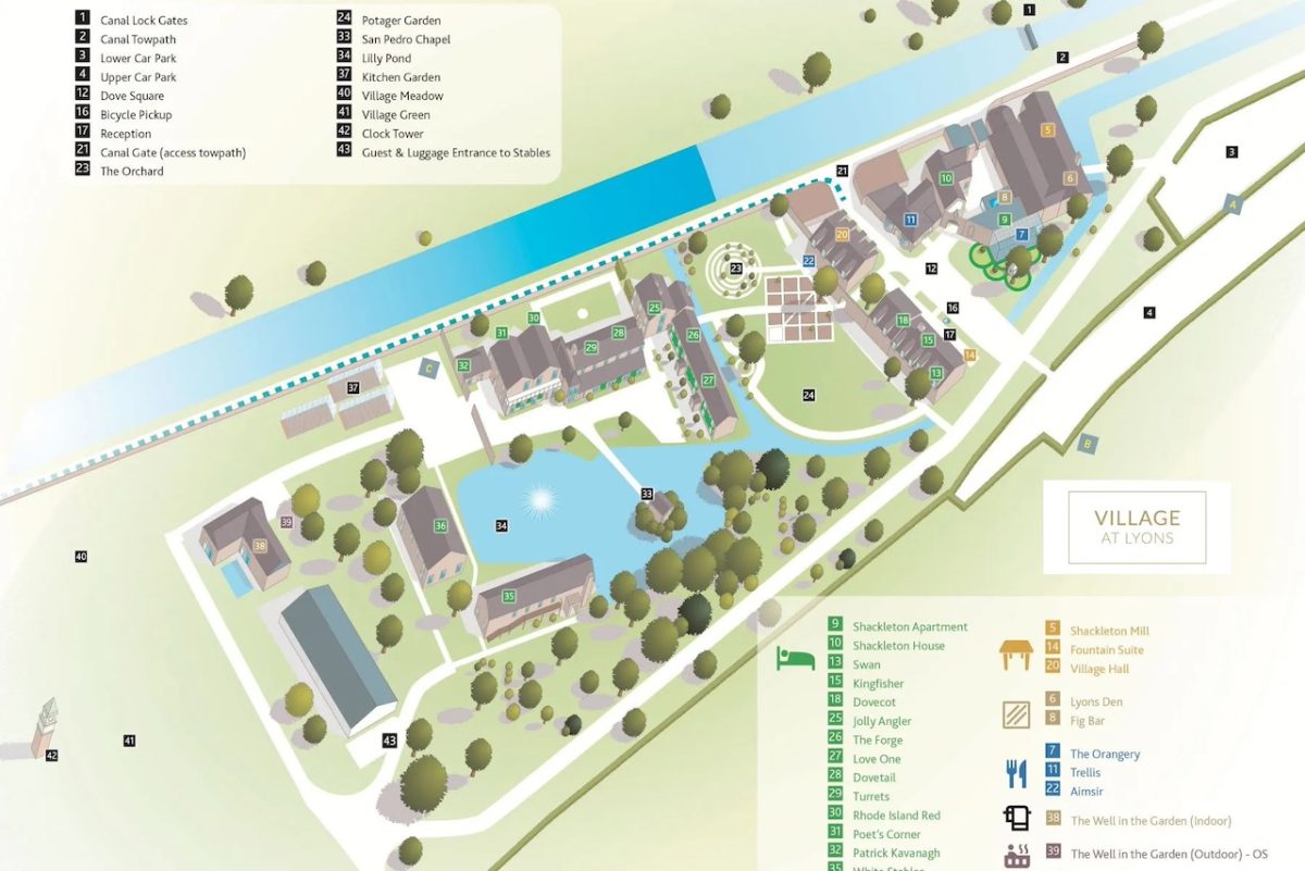 Aerial map view of Irish village development with waterfront location and clustered buildings