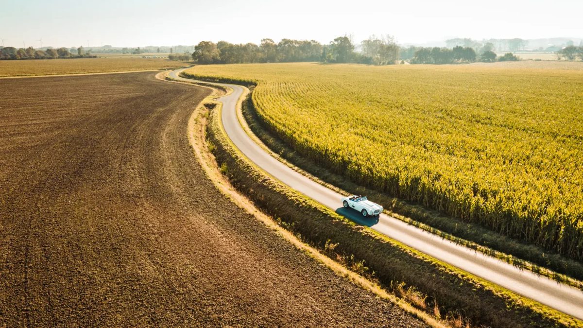 Aerial view of a truck driving through agricultural fields with fresh crops