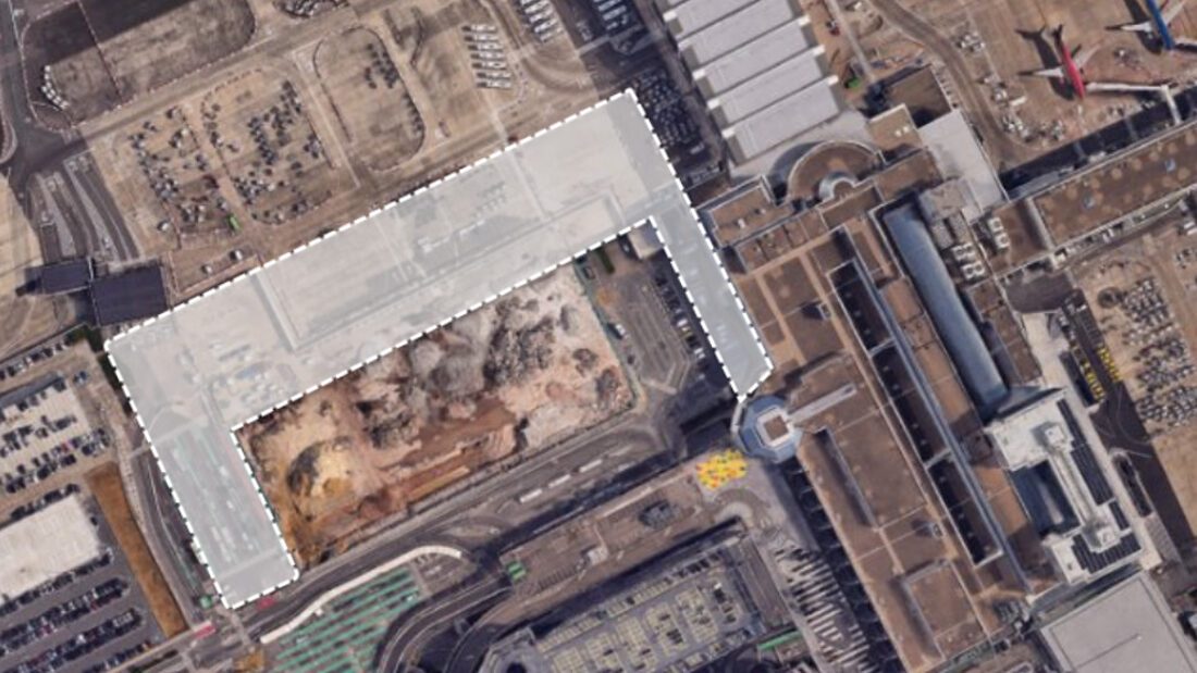 Aerial view of Brussels Airport construction site showing temporary bus station development