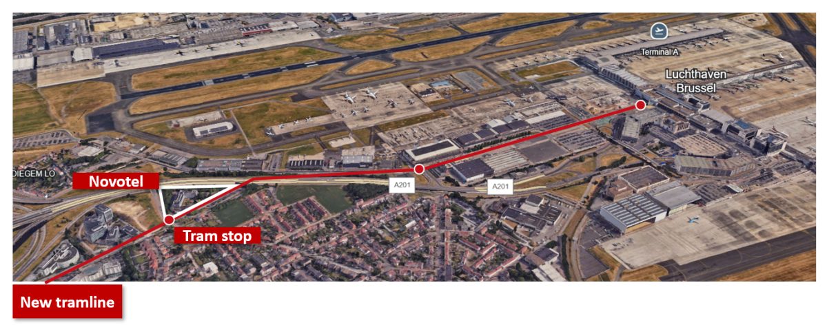 Aerial view of Brussels Airport with Novotel hotel location marked in red