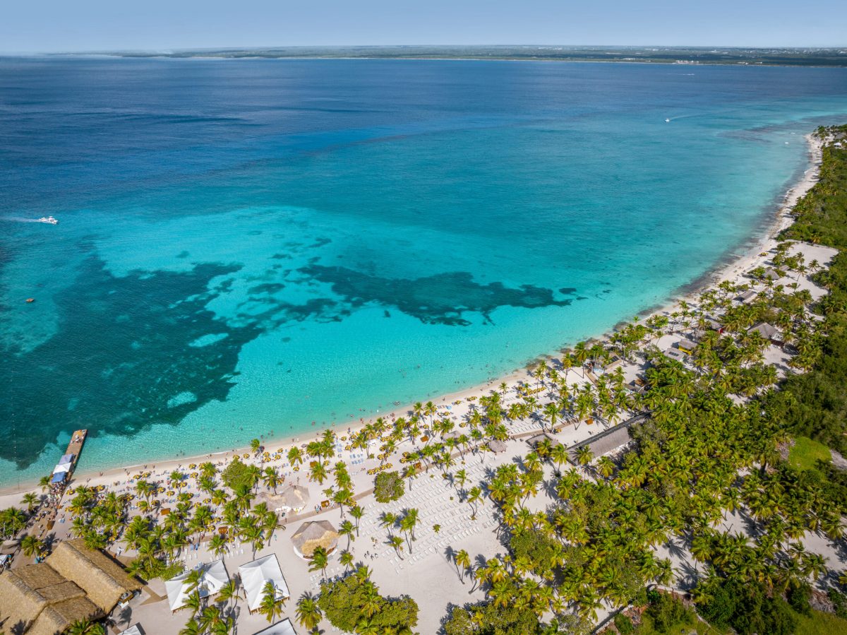 Aerial view of Catalina Sugar Beach with turquoise waters and palm-lined shore in Dominican Republic