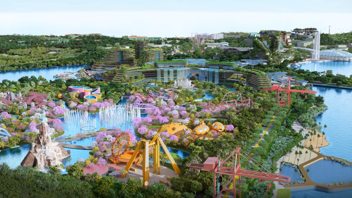 Aerial view of Greater Sentosa masterplan showing colorful themed attractions, waterways, and lush greenery