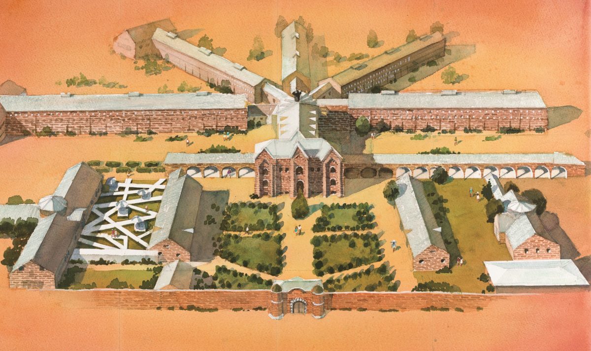 Aerial view of Nara prison's distinctive cross-shaped layout with red-brick buildings