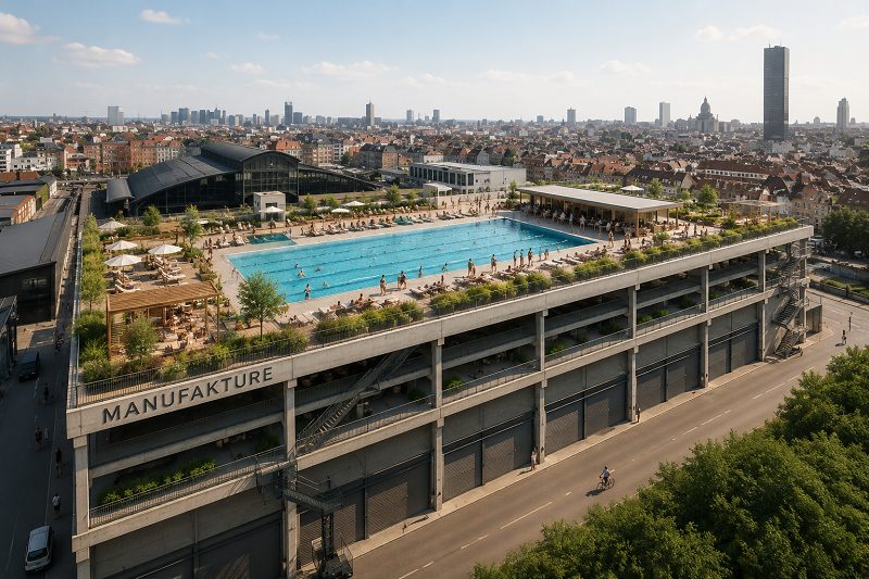 Aerial view of rooftop swimming pool on industrial building with Brussels skyline