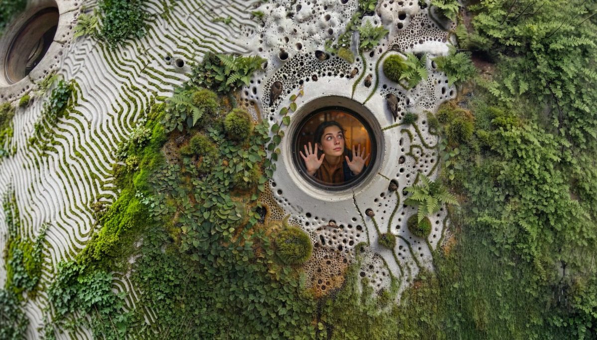 Aerial view of Rotterdam's circular Flintstones-inspired building surrounded by landscaped gardens