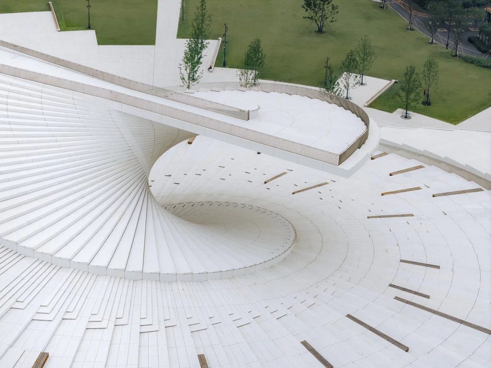 Aerial view of Shanghai Grand Opera House's dramatic spiral staircase.
