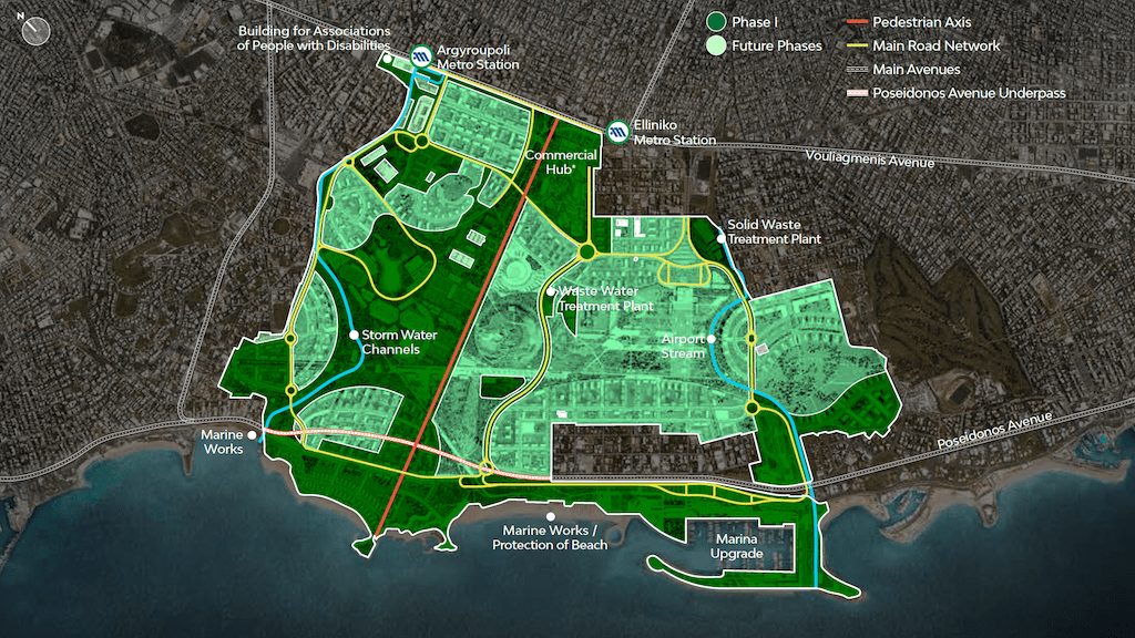 Aerial view of The Ellinikon development master plan showing green spaces and layout on former Athens airport site