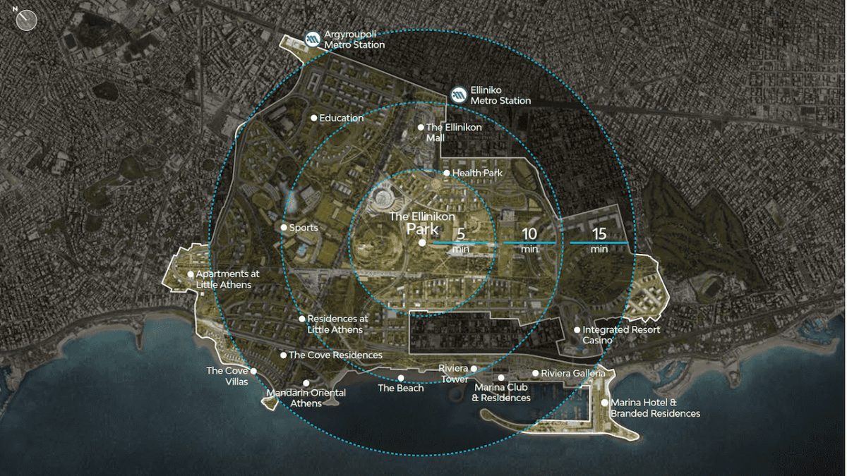 Aerial view of The Ellinikon development site on Athens' former airport with Mediterranean coastline