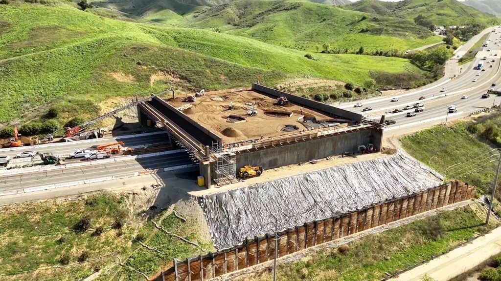 Aerial view of wildlife crossing bridge over California highway with green hillsides