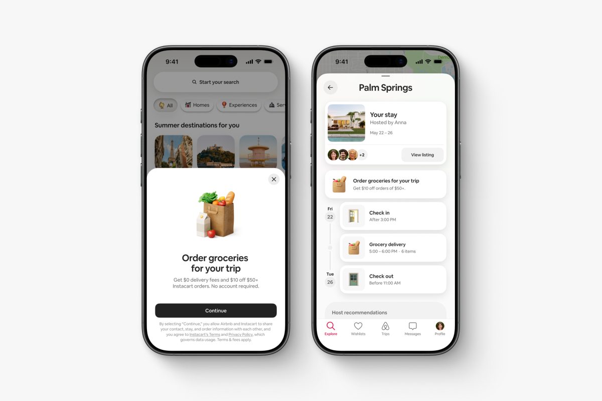 Airbnb app screens showing grocery ordering and accommodation details with new services