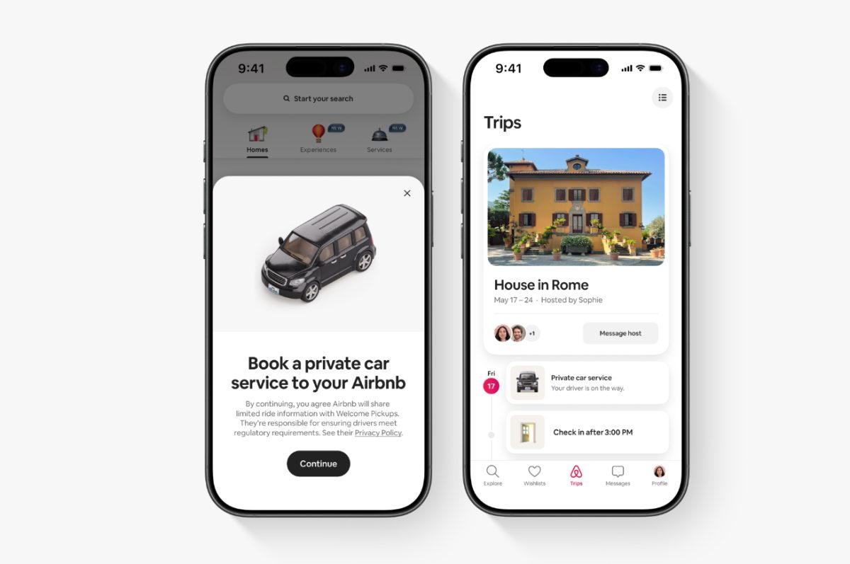 Airbnb app screens showing private car booking and trips features on iPhone