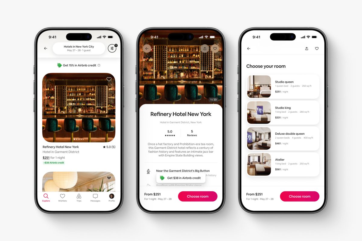 Airbnb mobile app screens showing hotel listing, room details, and amenities selection