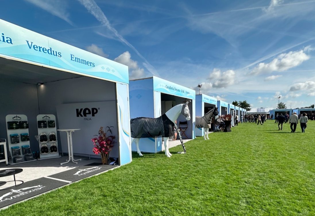 Akhal-Teke World Championship venue with blue and white exhibition tents at Peelbergen Equestrian Centre