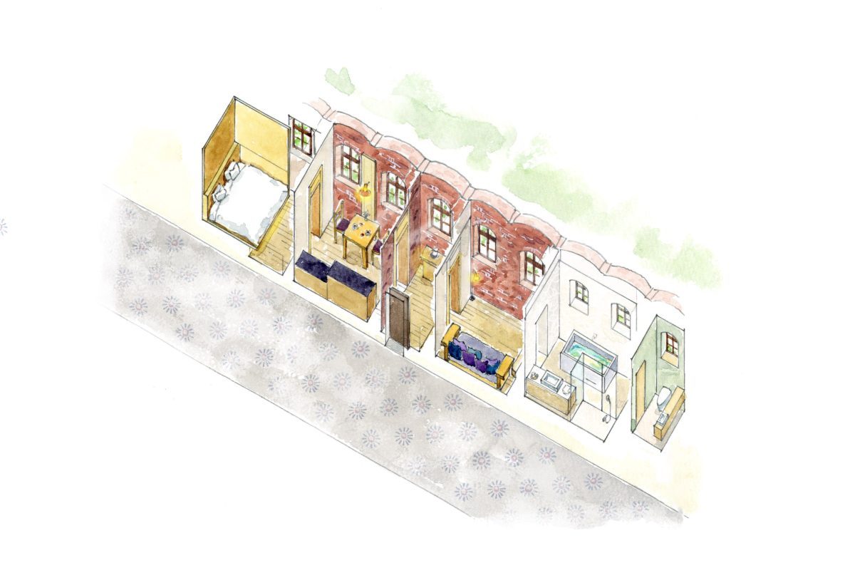 Architectural rendering of prison cells converted into luxury hotel rooms at HOSHINOYA Nara