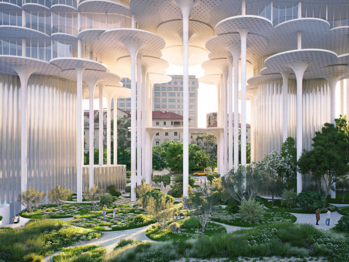 Architectural rendering of the cloud-like Tirana Fountain Plaza blending with a park.