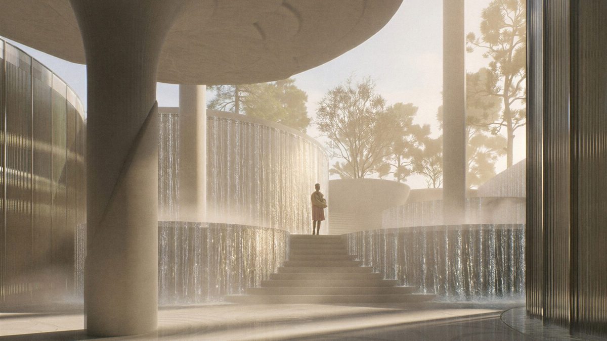 Architectural rendering of the Tirana Fountain Plaza, a cloud-like structure over a park.