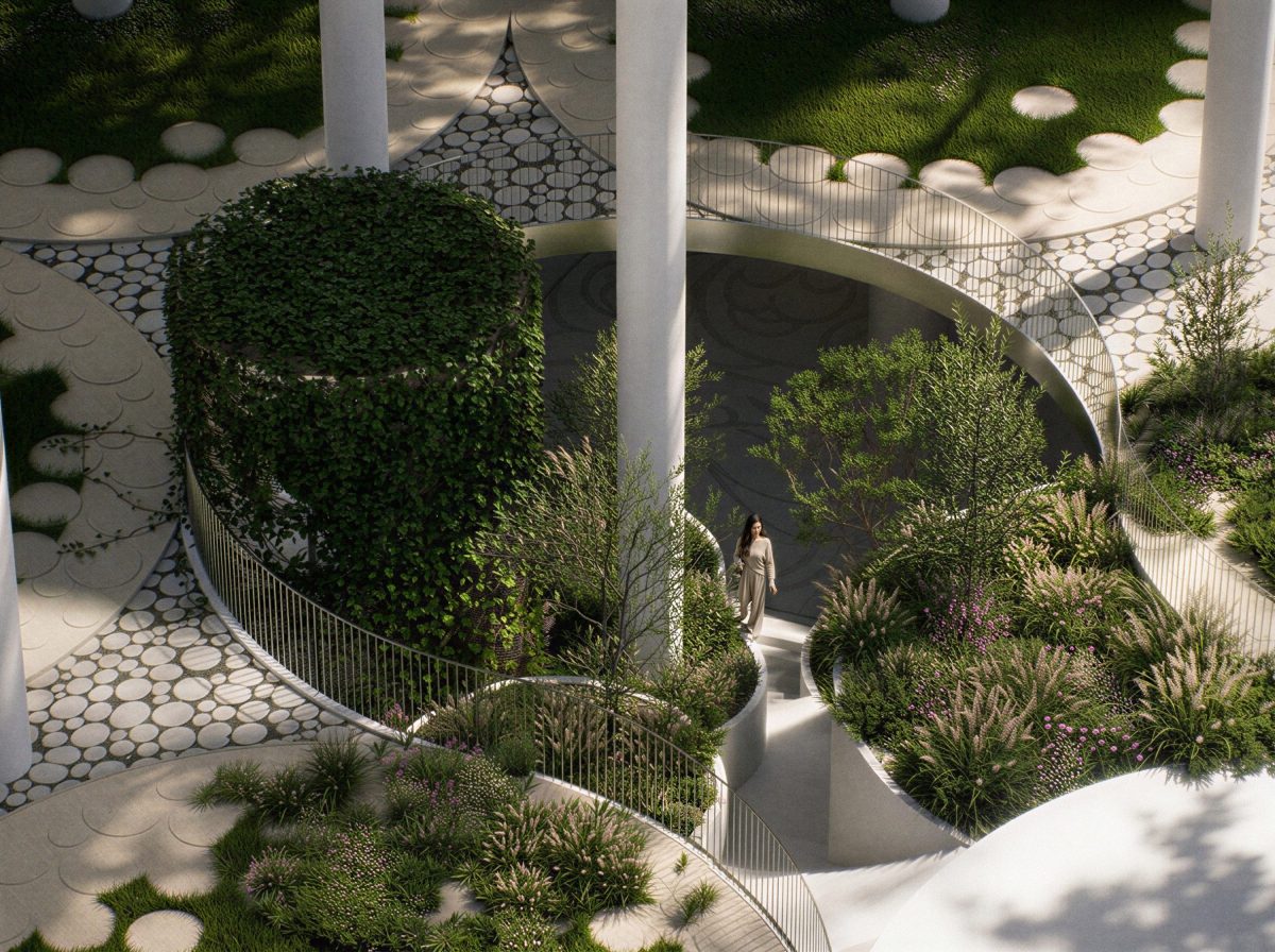Architectural rendering of Tirana Fountain Plaza, showing a cloud-like structure above a park.