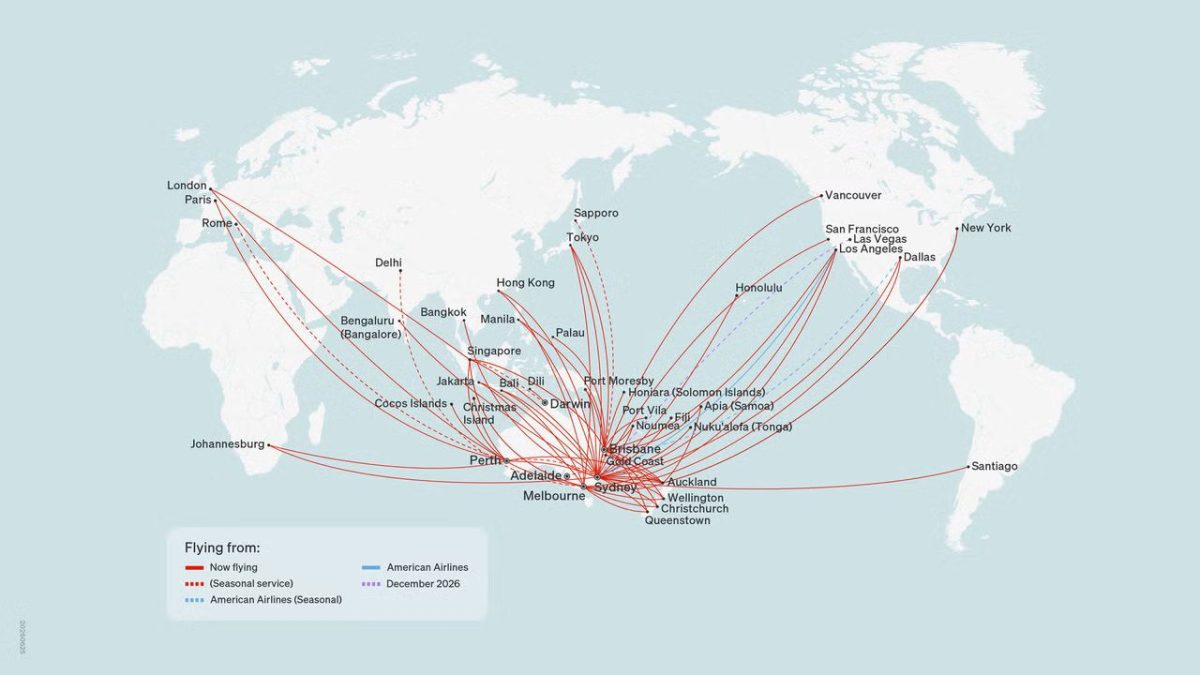 World map with connecting flight routes converging on Auckland, New Zealand.