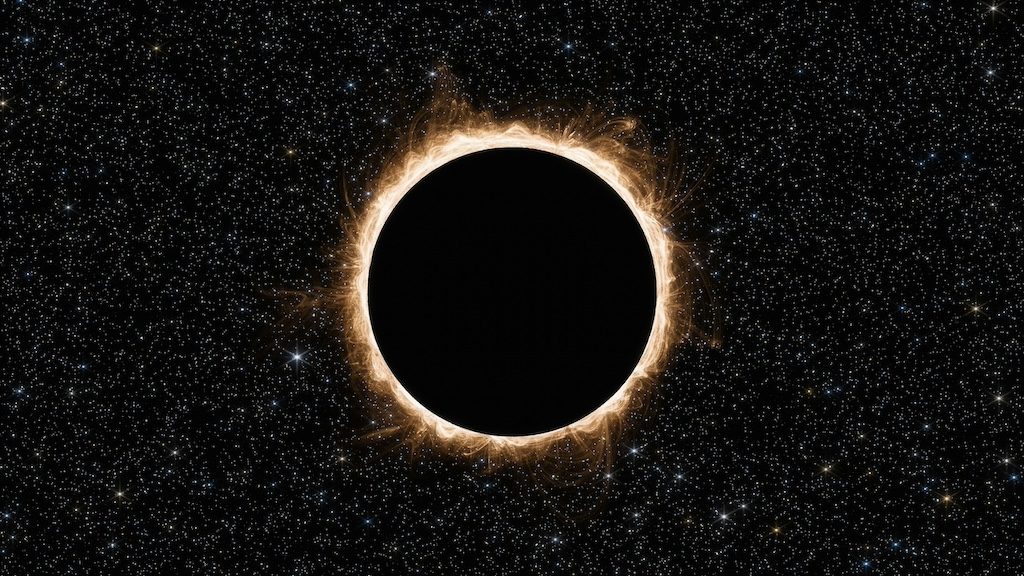 Total solar eclipse with corona visible against starry night sky