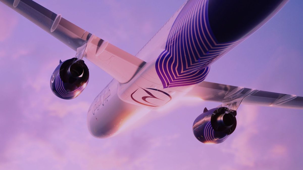 Boeing 787 Dreamliner in flight against purple sky