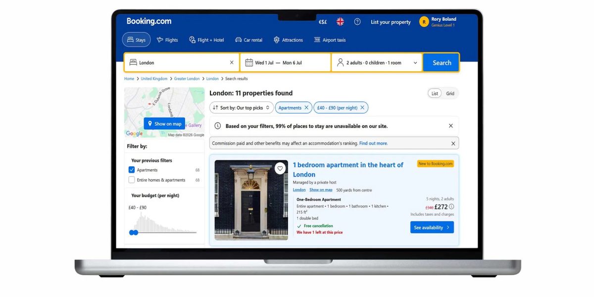 Booking.com listing for 10 Downing Street displayed on laptop screen