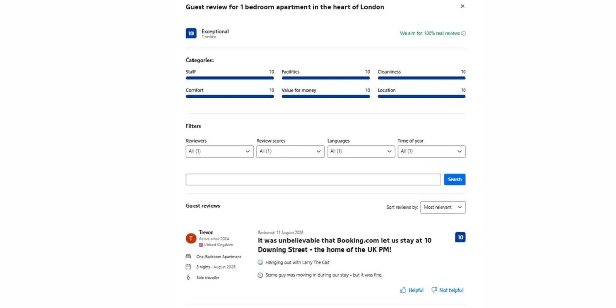 Booking.com listing interface showing a fake 10 Downing Street holiday rental