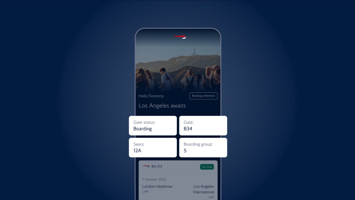 British Airways redesigned mobile app interface showing flight booking options and Los Angeles destination