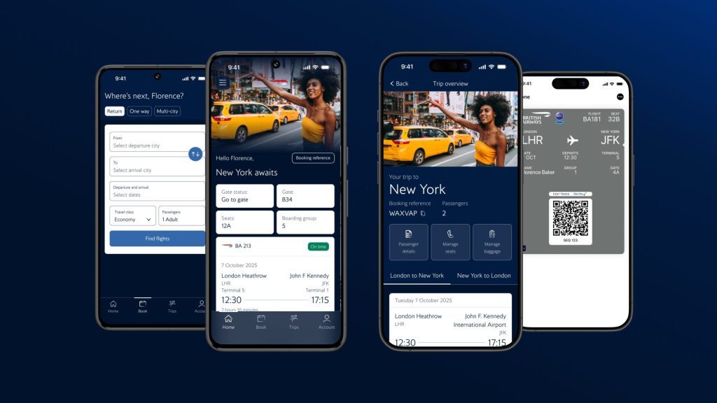 British Airways redesigned mobile app screens showing booking, flight details, and boarding pass features