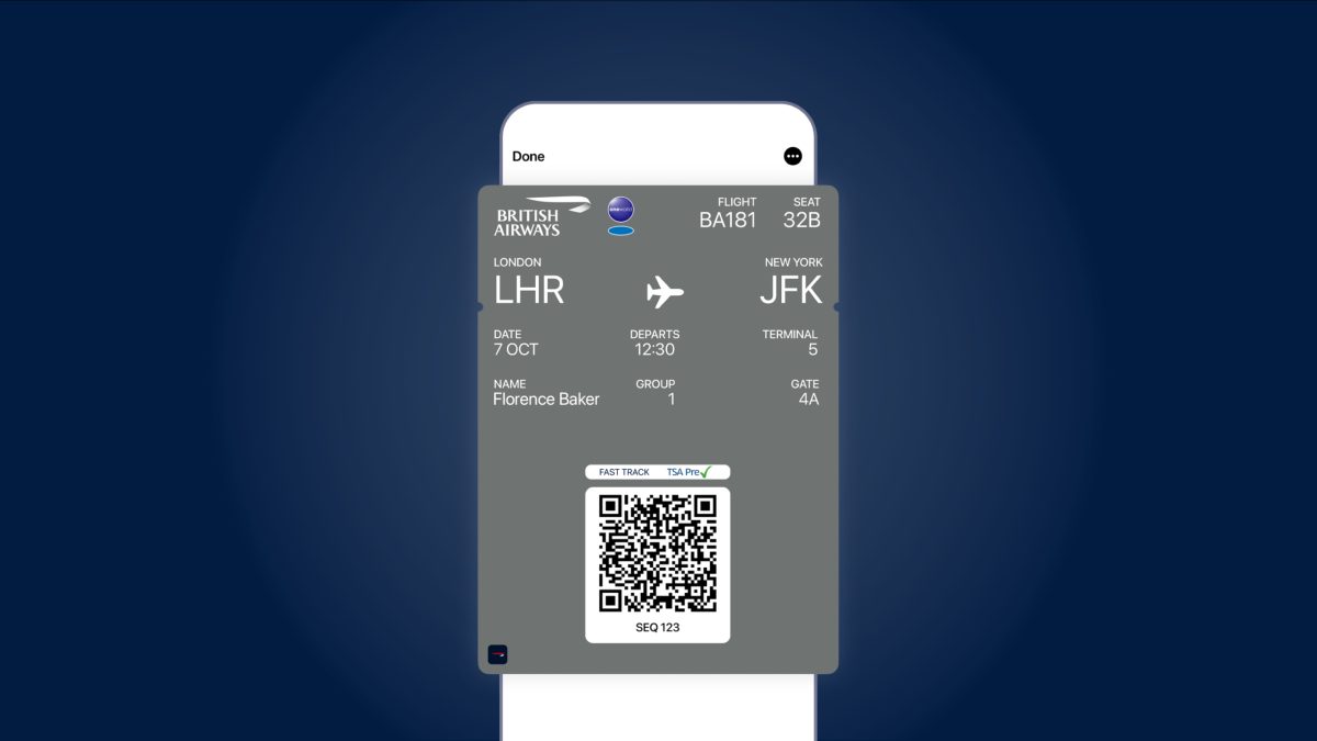 British Airways redesigned mobile app showing flight details from LHR to JFK with QR code