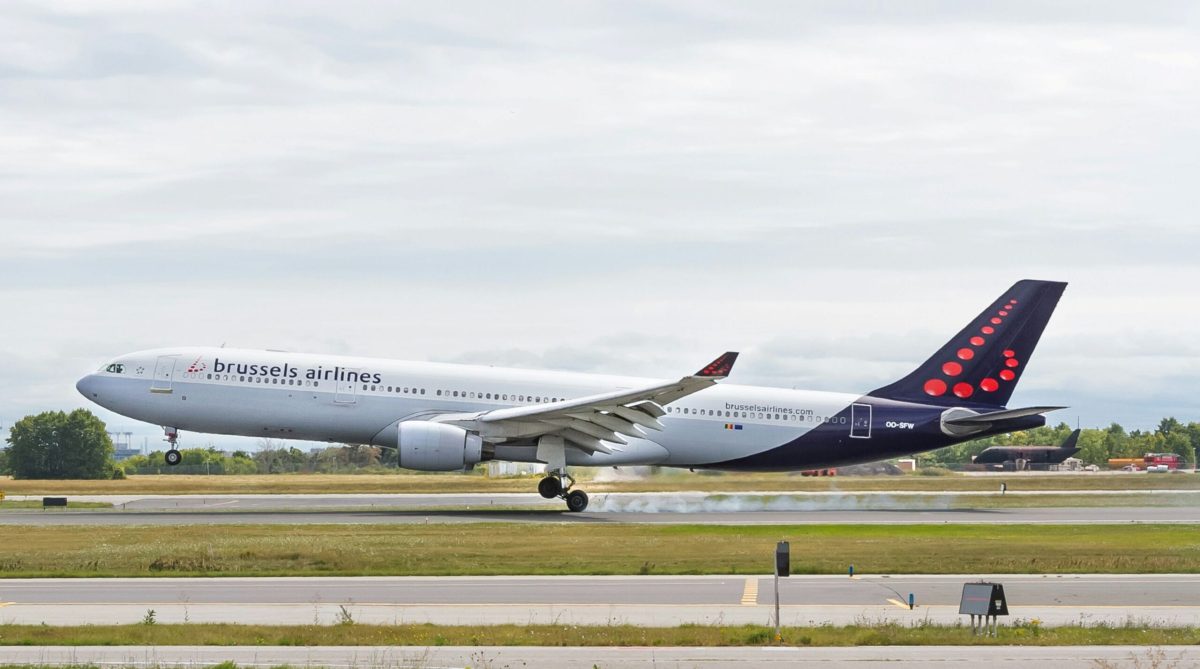 Brussels Airlines Airbus A330 aircraft on runway with cloudy sky
