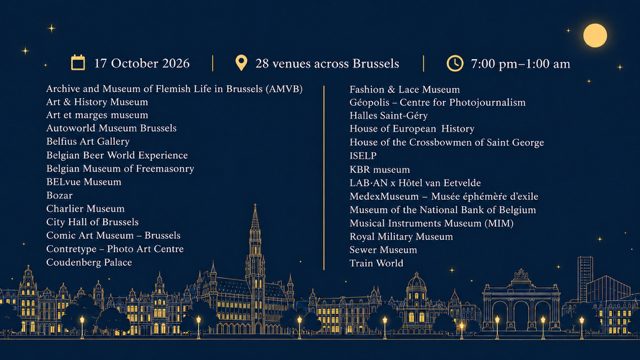 Brussels skyline at night with illuminated buildings and event details.