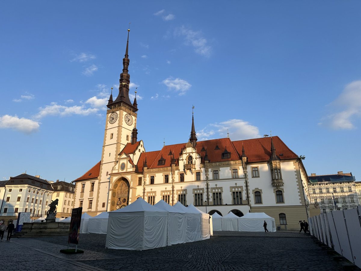 Church of St. Michael with distinctive tower in Olomouc's main square