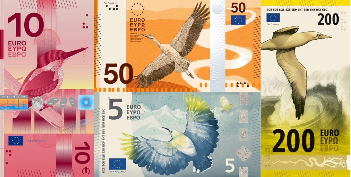 Collection of euro banknote designs featuring birds and nature motifs in various denominations