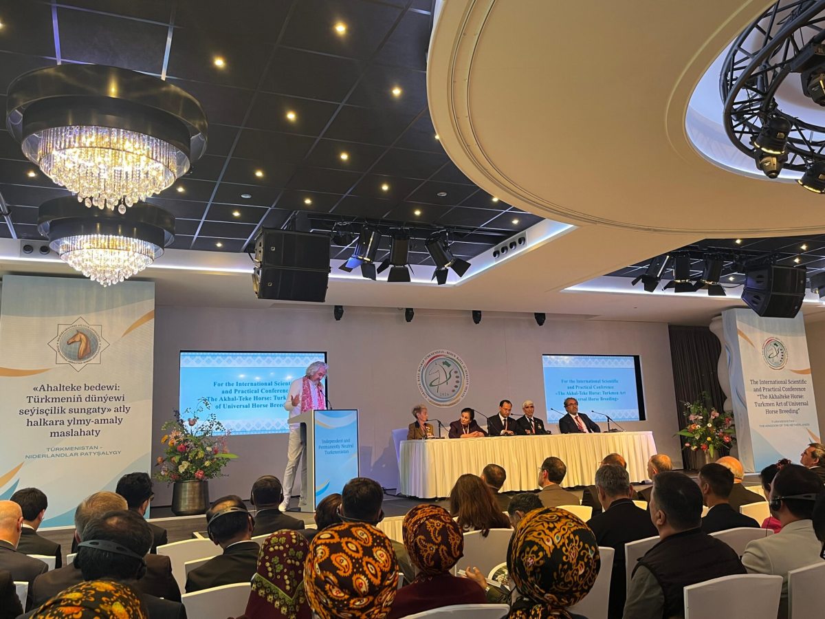 Conference panel discussion at Akhal-Teke World Championship with audience seated facing speakers