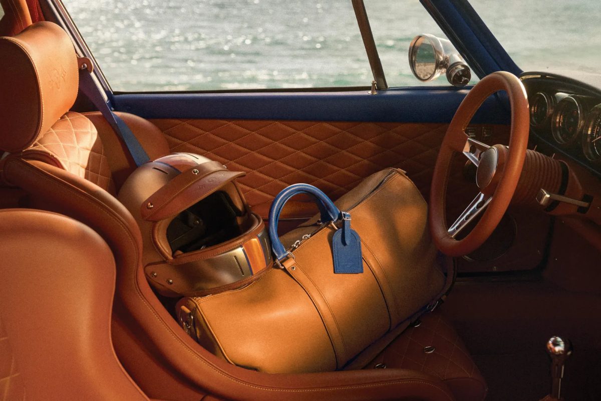Custom Porsche 911 interior with cognac leather seats and blue steering wheel