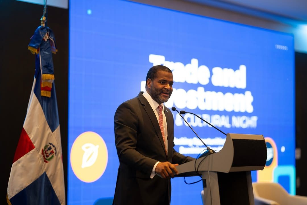 Dominican official speaking at economic forum in Brussels with national flag visible