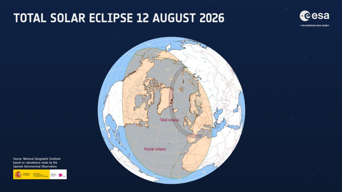 Earth globe showing the path of the total solar eclipse on August 12, 2026 across northern Europe