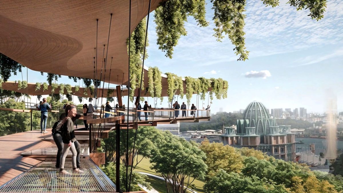 Elevated terrace with greenery overlooking Singapore's skyline and harbor
