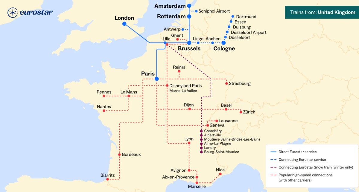 Eurostar route map showing London, Amsterdam, Rotterdam, and Antwerp connections across northern Europe
