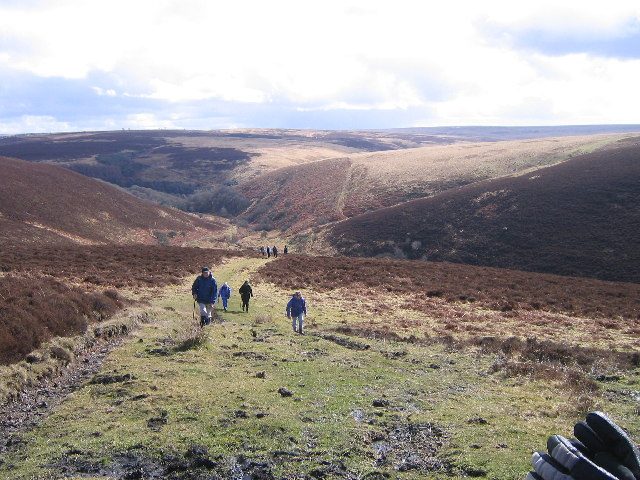Hikers walking across green moorland with rolling hills and valleys in Exmoor