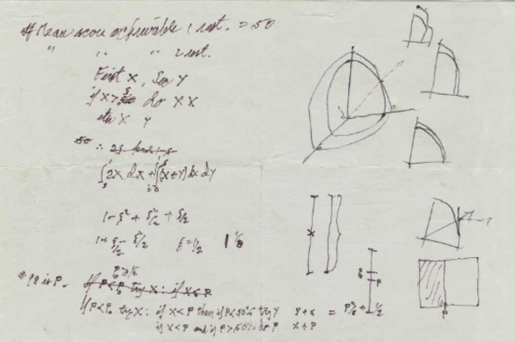 Feynman's handwritten notes with mathematical equations and geometric sketches of dome structures