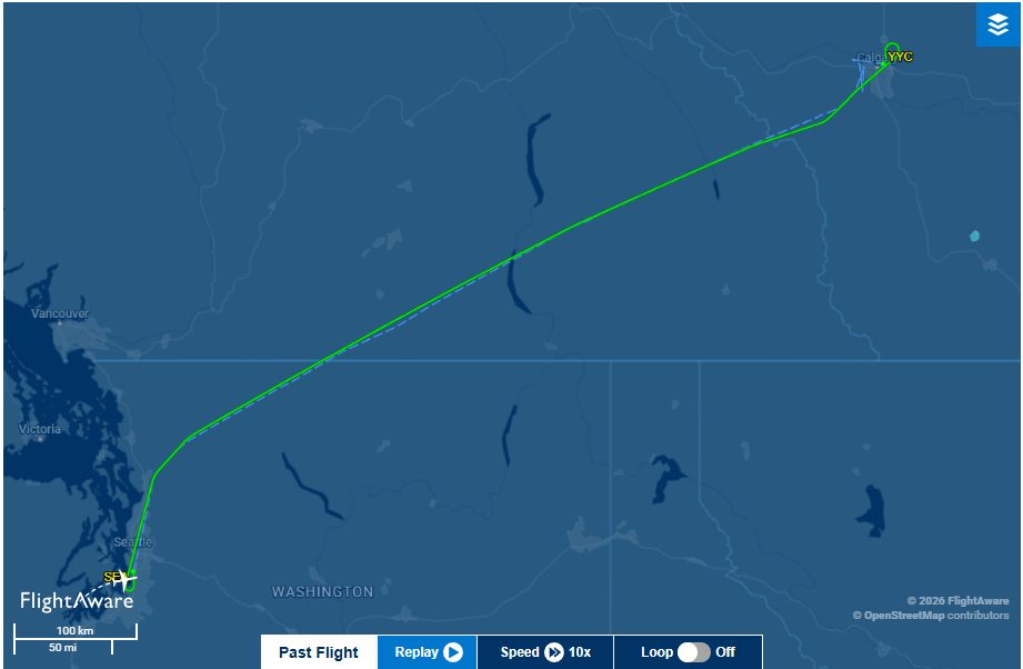 Flight path map showing a long taxi route at Seattle-Tacoma Airport.