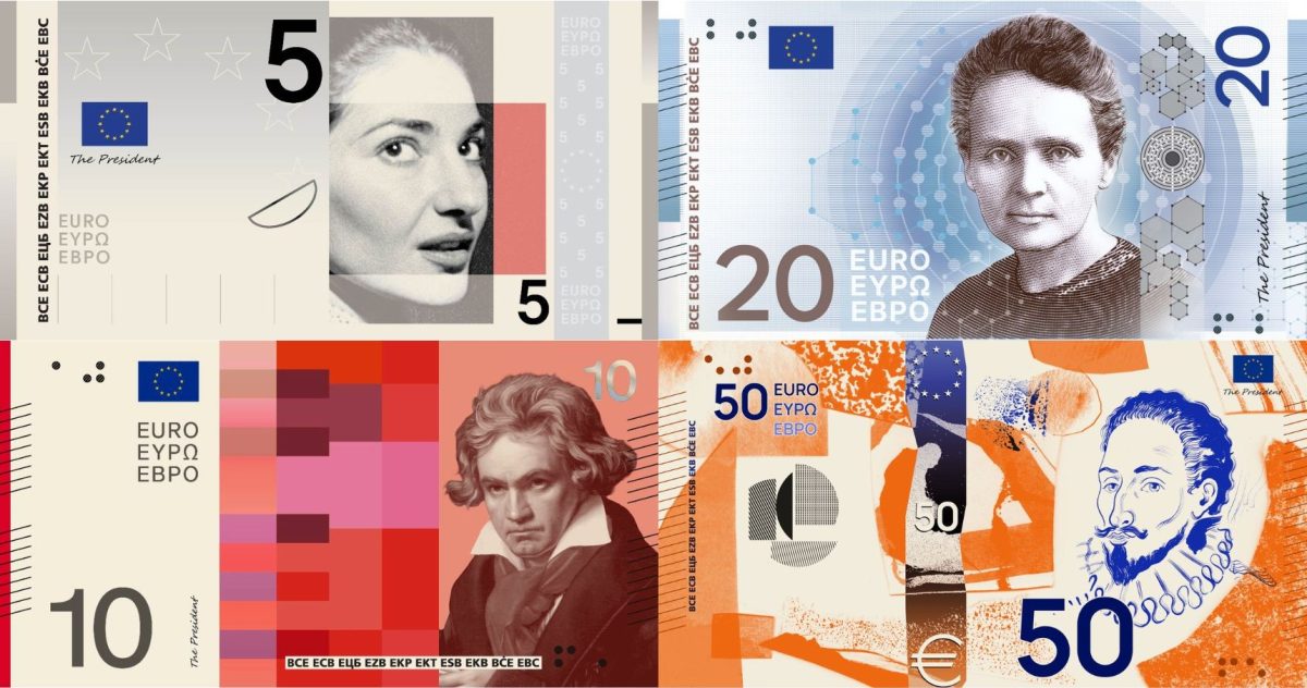 Four euro banknote designs showing portrait alternatives for future currency