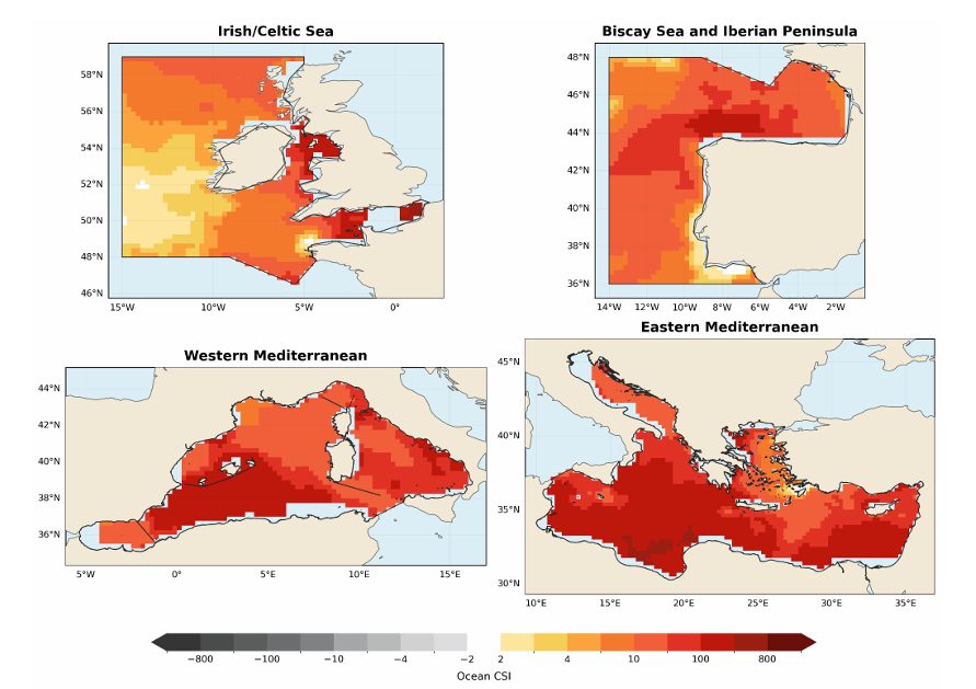 Four maps showing sea temperature anomalies across European waters in red and orange hues