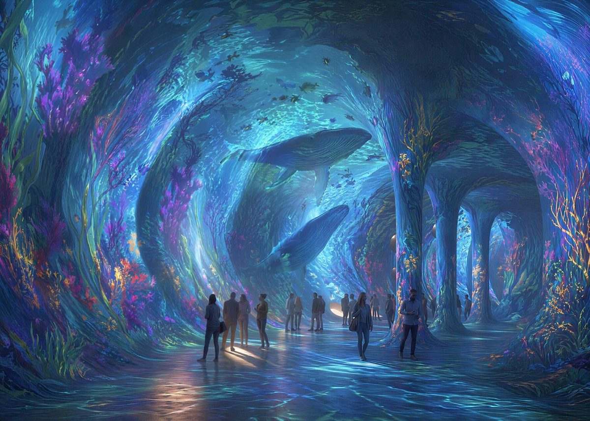 Futuristic underground tunnel with bioluminescent walls and visitors silhouetted against glowing blue light
