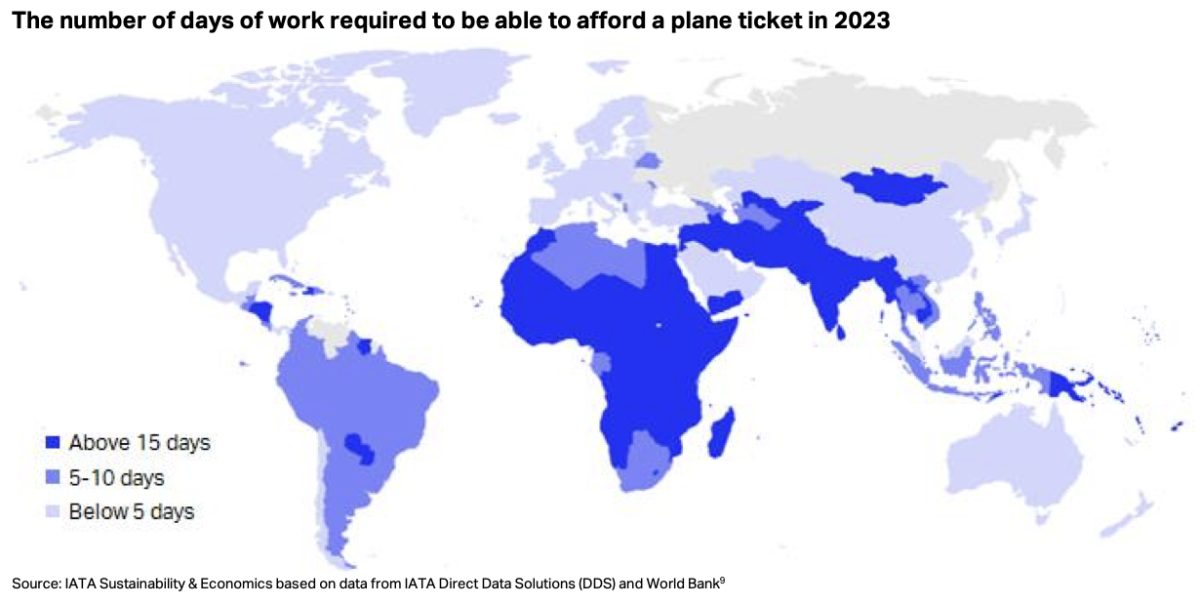 Global map showing days of work needed to afford a plane ticket by country in 2023
