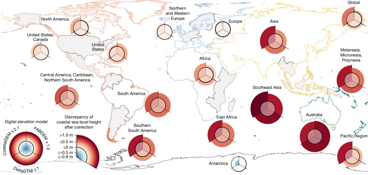 Global map showing sea level rise measurements with varying circle sizes by region