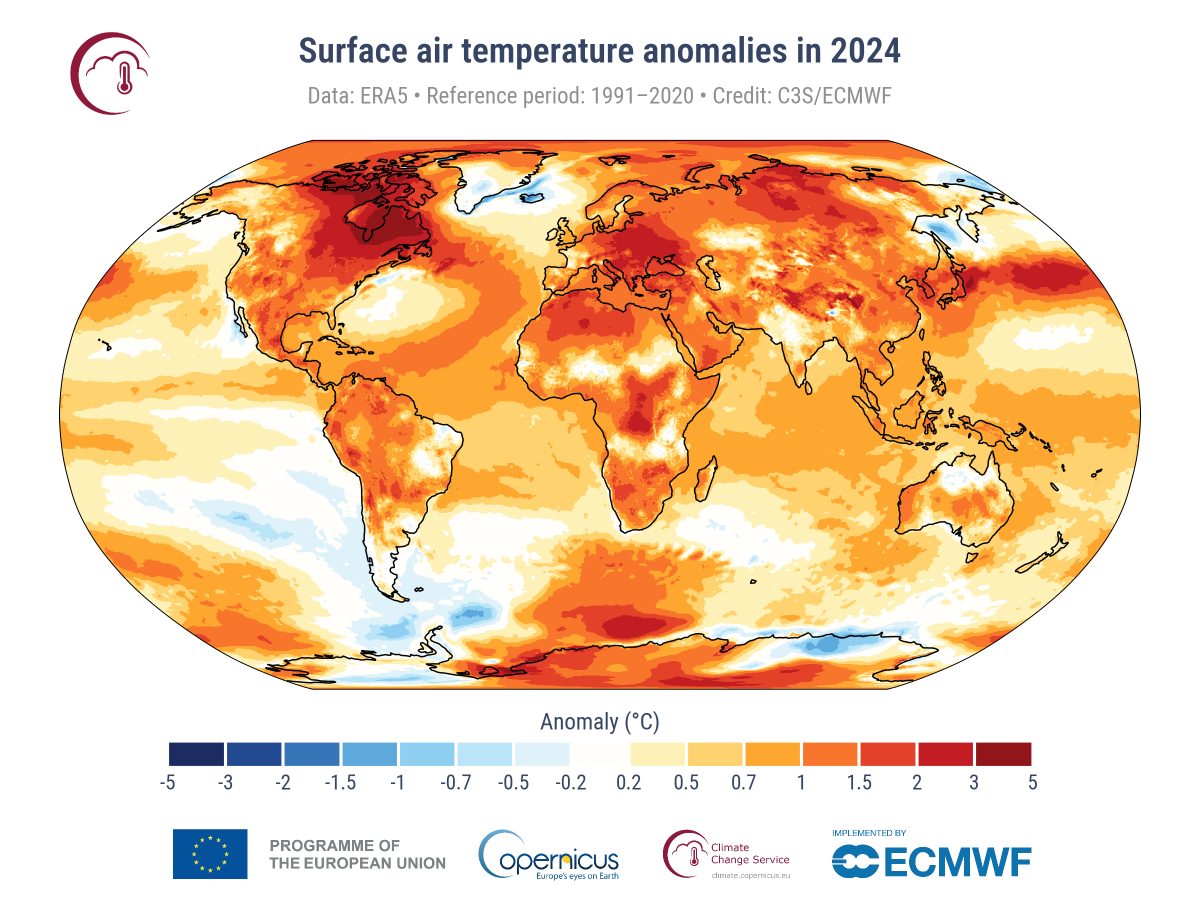 Global surface air temperature anomalies map showing widespread warming across Himalayas and Asia in 2024